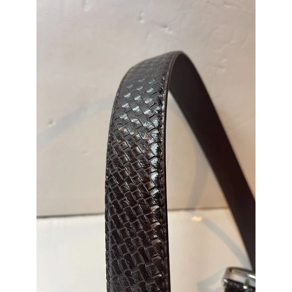 Dark Brown Basketweave Embossed Dress Belt Silver Buckle Classic Style 38-40
